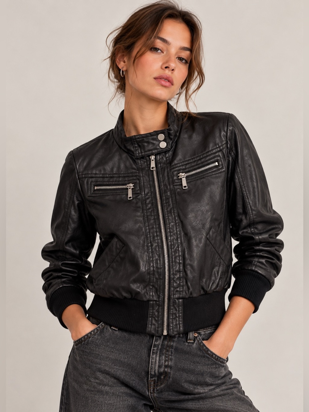 Ashley By 26 International Black Leather Bomber Jacket